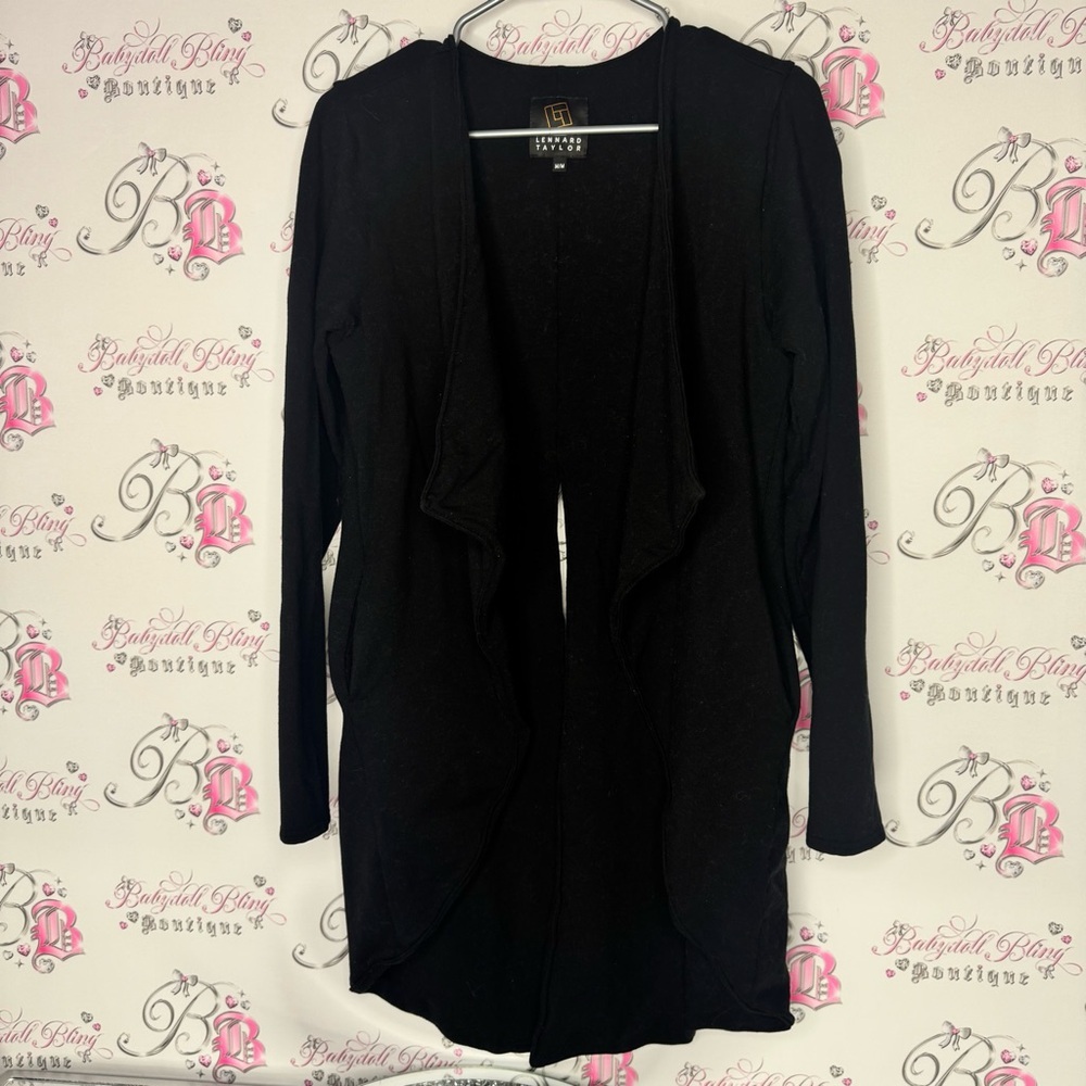 Lennard Taylor cardigan waterfall open flowy soft Elegant Black Sweater